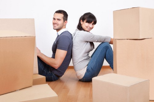 Professional movers handling fragile items and furniture carefully